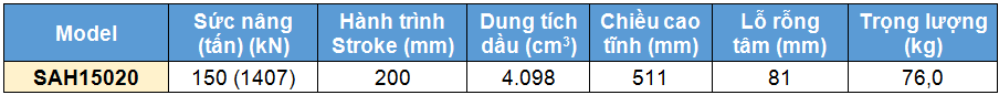 Kích rỗng tâm bằng nhôm 150 tấn 200 mm, kich 1 chieu bang nhom 150 tan 200 mm,SAH Single acting aluminium cylinder, hollow piston