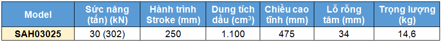 Kích rỗng tâm bằng nhôm 30 tấn 250 mm, kich 1 chieu bang nhom 30 tan 250 mm,SAH Single acting aluminium cylinder, hollow piston